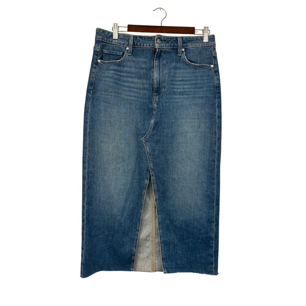 Paige Sedna Distressed Denim Midi Skirt 29 Womens Raw Hem Front Slit High Rise
